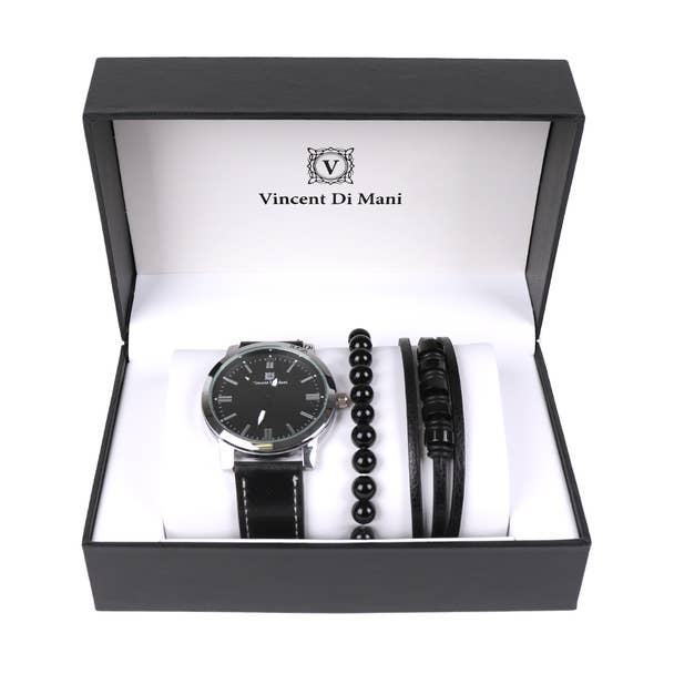 Black Leather Watch & Bracelet
