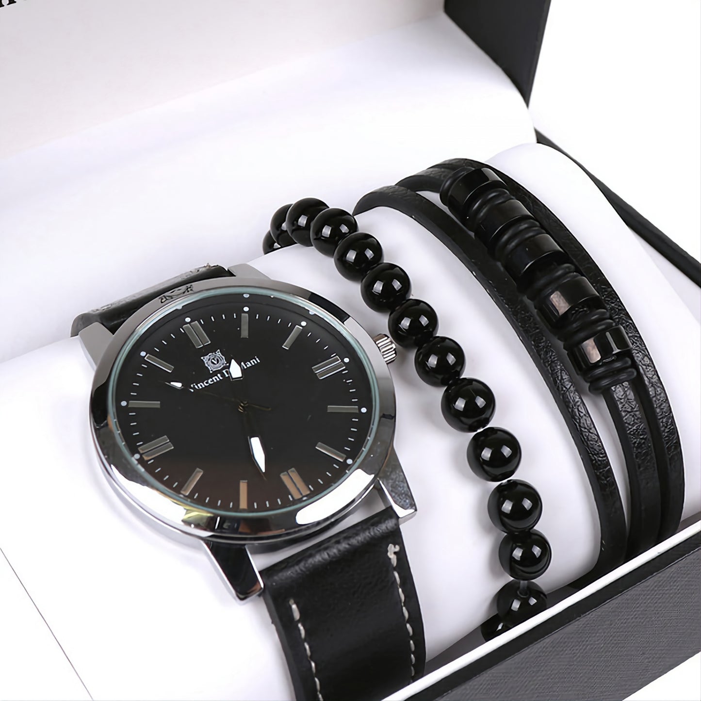 Black Leather Watch & Bracelet