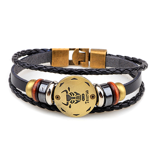 Zodiac Signs Black Leather Bracelet