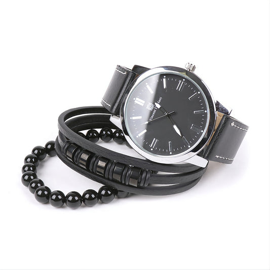 Black Leather Watch & Bracelet