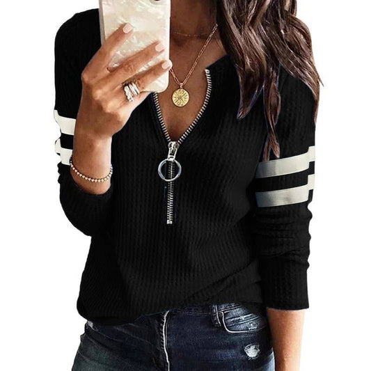 Zipper V-neck Long Sleeve Top