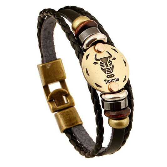 Zodiac Signs Black Leather Bracelet